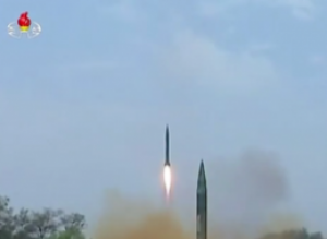 The North Korean launch of the Nodong missiles with Iranian warheads. Photo: Screenshot.