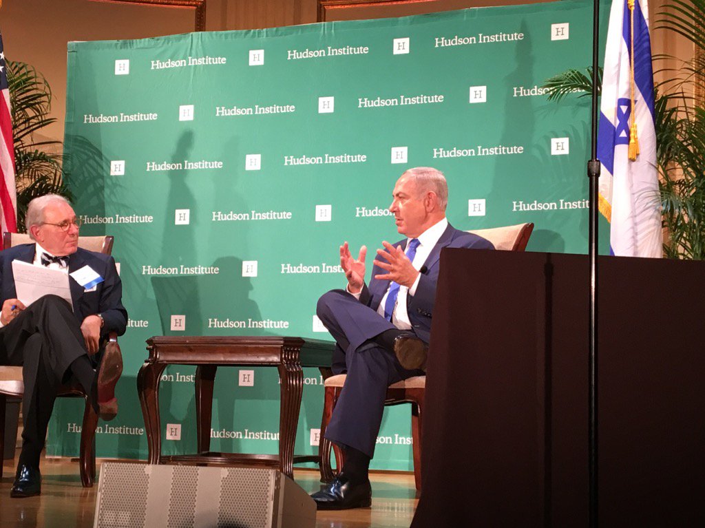 Roger Hertog speaks with Prime Minister Benjamin Netanyahu during Thursday's Herman Kahn Award dinner in Manhattan. Photo: Hudson Institute.