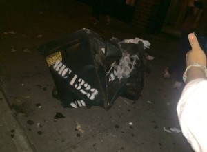 A photo of the bombed out dumpster tweeted by the NYPD. Photo: NYPD. 