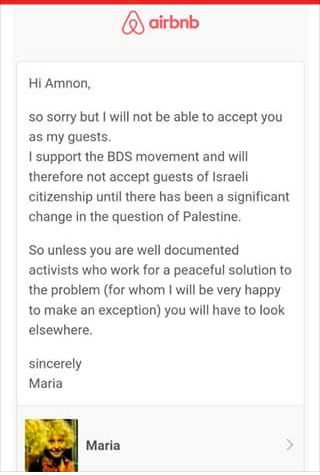 The discriminatory email from a former Airbnb host to an Israeli customer. Photo: Screenshot.