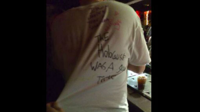 An Exeter University students sporting an antisemitic t-shirt with the slogan, "The Holocaust was a good time." Photo: Twitter. 