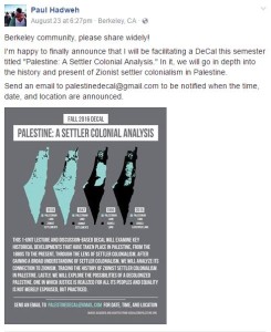 Hadweh's Facebook post promoting "Palestine: A Settler Colonial Analysis."