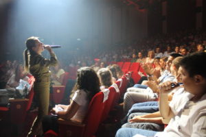 An IDF choir member singing at the event. Photo: Sam Sokol.