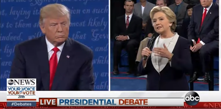 Presidential nominees Donald Trump and Hillary Clinton in the second presidential debate. Photo: Screenshot.