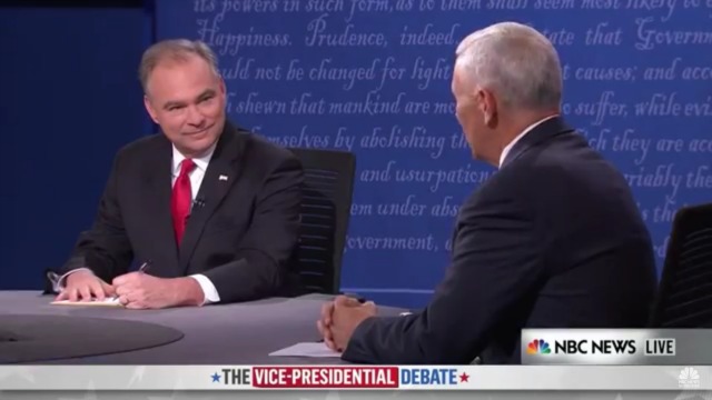 Democrat Tim Kaine and Republican Mike Pence face off during Tuesday's vice presidential debate. Photo: Screenshot.