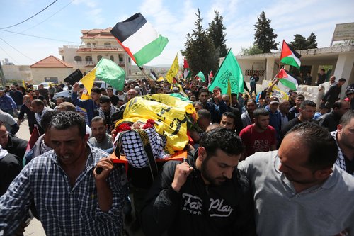 In March 2016 in the West Bank village of Deir Debwan, Palestinian mourners chant slogans while carrying the body of Mahmoud Shalan, a Palestinian-American terrorist who had tried to murder Israelis before being killed by security forces. Photo: Flash90.
