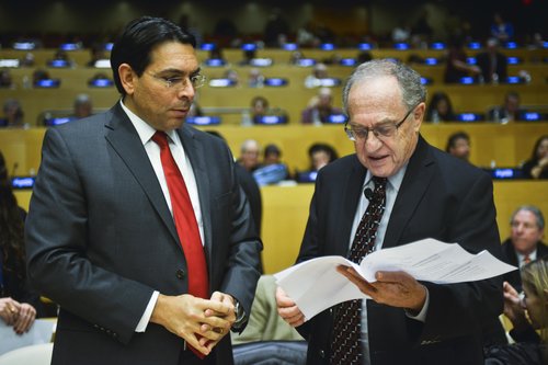 Israeli Ambassador to the United Nations Danny Danon (left) and retired Harvard Law School professor Alan Dershowitz at the "Legal Scholars Against BDS" conference at the U.N. Photo: Harel Rintzler.
