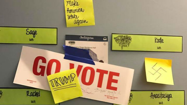 A swastika seen drawn on a sticky note posted to an NYU dorm room door. Photo: Anastasiya Muravyeva/Facebook.