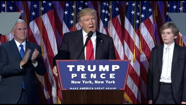 President-elect Donald Trump delivers his victory speech in New York City on Tuesday night. Photo: Screenshot.