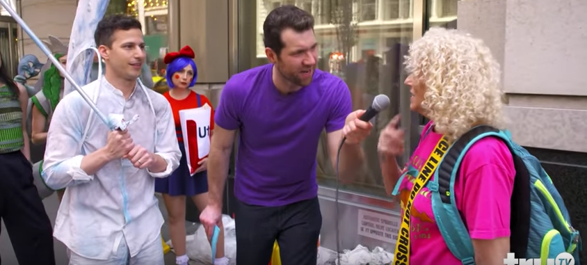 Actor Andy Samberg, left, with comic Billy Eichner as they film a segment for "Billy on the Street." Photo: Screenshot.