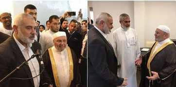 Hamas Prime Minister Ismail Haniyeh. left in both photos, with radical cleric Sheikh Mohammed Rateb Al-Nabulsi. Photos: Twitter.