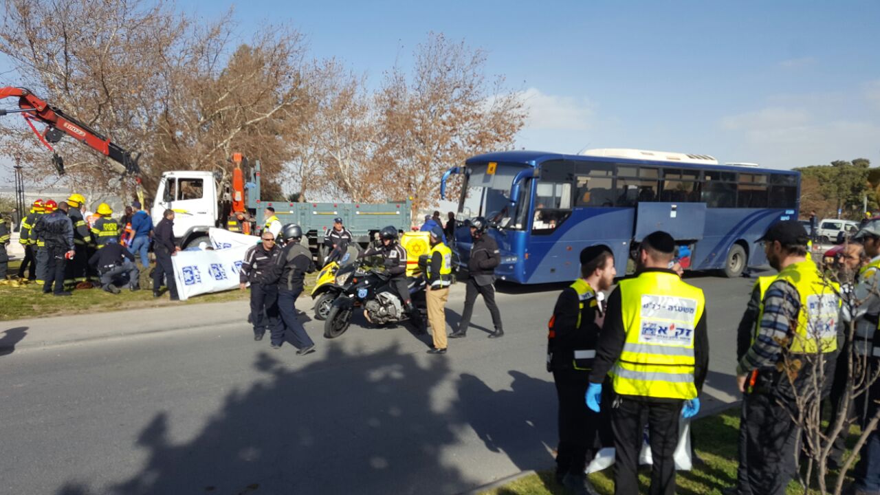 The aftermath of the truck-ramming attack at the Armon Hanatziv promenade in Jerusalem on Jan. 8, 2017. Photo: ZAKA.