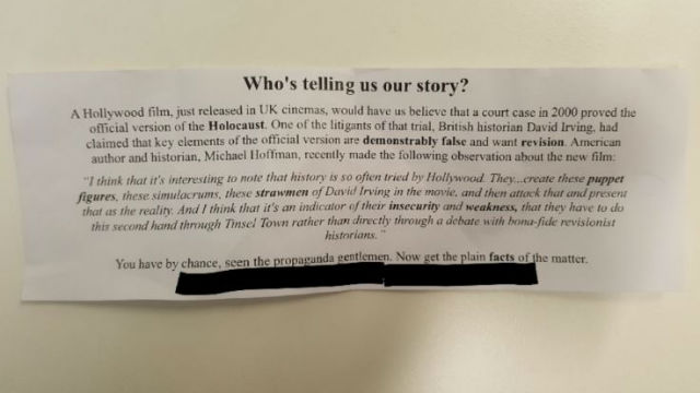 Fliers denying the Holocaust found on the Cambridge University campus. Photo: Edward Anderson/ Twitter.