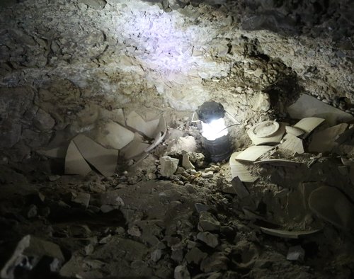 Fragments of jars that contained stolen scrolls at the newly discovered 12th Dead Sea Scrolls cave. Photo: Casey L. Olson and Oren Gutfeld.
